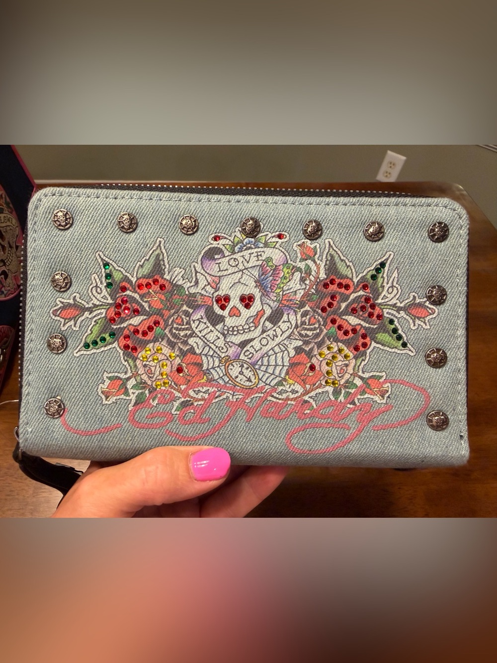 NWT Ed Hardy Love Kills Slowly Denim Zip Around Wallet Wristlet Rhinestone Y2K